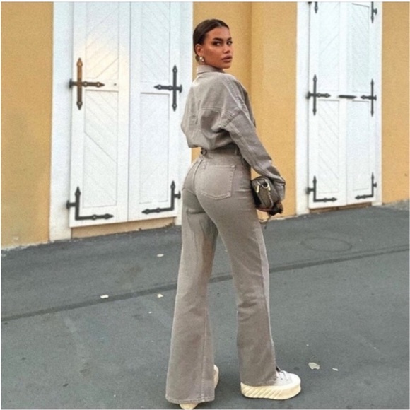 Zara Taupe Denim Flare Leg Split Hem Jumpsuit Overalls Coveralls Blogger Fav - Picture 12 of 13